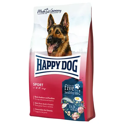 Опаковка на кучешка храна Happy Dog SPORT 11 кг+, с илюстрация на немска овчарка. Видими текстове: „Give me five for a healthy life“, „fit & vital“, „Made with love in Germany“.