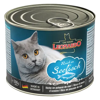 Leonardo Cat Food, reich an Seefisch, 200g Dose. Made in Germany. Abbildung einer grauen Katze mit gelben Augen.