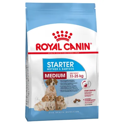 Royal Canin Starter Mother & Babydog Medium, masa ciała dorosłego psa 11–25 kg, widoczne zdjęcie psa z młodymi oraz tekst: Start Complex, gestation lactation support, easy rehydration.