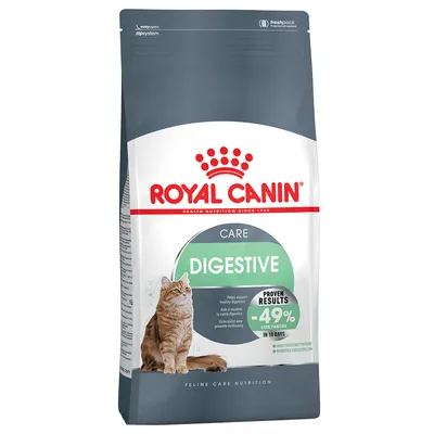 Royal Canin Care Digestive kissanruoka, tukee tervettä ruoansulatusta, todistetut tulokset: -49 % vähemmän ulostetta 10 päivässä. Pakkaus, jossa kissa ja tuotetiedot näkyvissä.