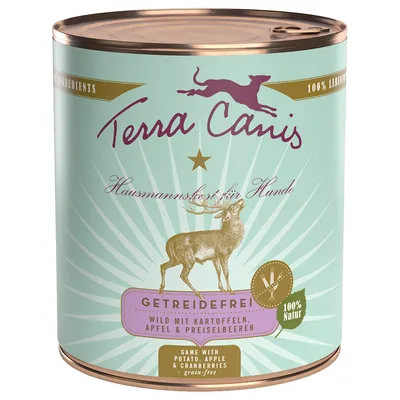 Terra Canis konzerva, GETREIDEFREI, divljač s krumpirom, jabukom i brusnicama, 100 % Natur, tekst na njemačkom i engleskom jeziku vidljiv na pakiranju. Terra Canis konzerva, GETREIDEFREI, divljač s krumpirom, jabukom i brusnicama, 100 % Natur, tekst na njemačkom i engleskom jeziku vidljiv na pakiranju.