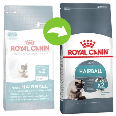 Dva pakiranja Royal Canin Hairball hrane za mačke, stari i novi dizajn ambalaže s natpisima 'HAIRBALL ELIMINATION X2' i 'PROVEN RESULTS x2 HAIR EXCRETION IN 14 DAYS'.