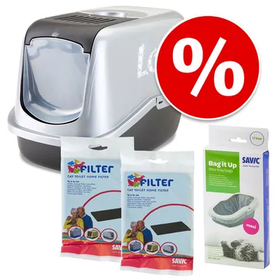 Комплект: закрытый туалет для кошек Savic, 2 фильтра Cat Toilet Home Filter и 12 пакетов Bag it Up от Savic. Красный значок процента указывает на акцию или скидку.