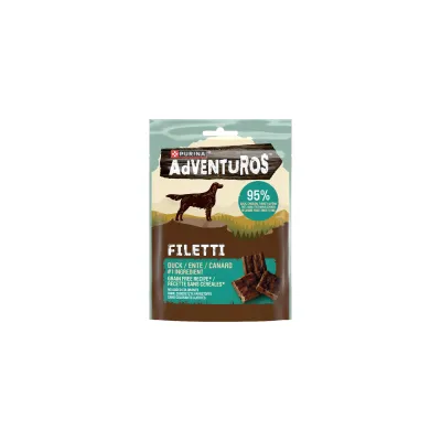 Purina Adventuros Filetti, 95% and som hovedingrediens, kornfri opskrift, billede af filetstykker på emballagen