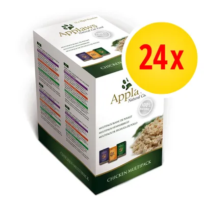 Applaws Natural Cat Food Chicken Multipack, 24x Portionsbeutel, 100% natural, Multipack Hühnerbrust. Verpackung mit Produktabbildungen und gelbem Kreis mit roter Aufschrift 24x. Applaws Natural Cat Food Chicken Multipack, 24x Portionsbeutel, 100% natural, Multipack Hühnerbrust. Verpackung mit Produktabbildungen und gelbem Kreis mit roter Aufschrift 24x.