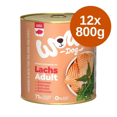 WOW Dog Lachs Adult lazacos nedves kutyatáp, 12×800 g. 71% halhús és belsőségek, 0% gabona és glutén. Made in Austria felirat látható a dobozon.