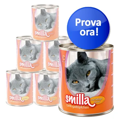 Set di 6 lattine Smilla Geflügeltöpfchen per gatti, vari gusti visibili: mit Lamm, mit Geflügelherzen, mit Taurin. Etichetta arancione con foto di gatto grigio. Bollino blu: Prova ora! Set di 6 lattine Smilla Geflügeltöpfchen per gatti, vari gusti visibili: mit Lamm, mit Geflügelherzen, mit Taurin. Etichetta arancione con foto di gatto grigio. Bollino blu: Prova ora!
