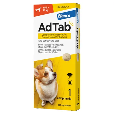 AdTab Elanco comprimidos masticables para perros 5,5–11 kg. Elimina pulgas y garrapatas, eficaz 30 días. 1 comprimido de 225 mg lotilaner visible en el envase.
