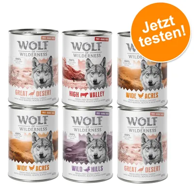 Lot de 6 boîtes Wolf of Wilderness 400 g : Great Desert, High Valley, Wide Acres, Wild Hills. Viandes variées, baies sauvages, racines et herbes. Texte orange : Jetzt testen!