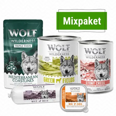Mixpaket Wolf of Wilderness: Mediterranean Coastlines, Green Fields, Stony Creek, Wild Hills, Wide Acres. Synliga texter: 100 % grain-free recipe, triple taste, adult, mini, 400 g.