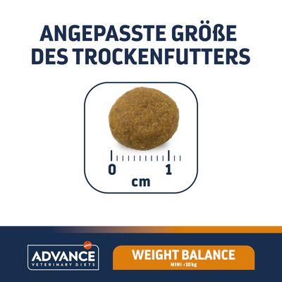 Prilagojena velikost briket, briketa s premerom približno 1 cm. Advance Veterinary Diets Weight Balance Mini pod 10 kg.