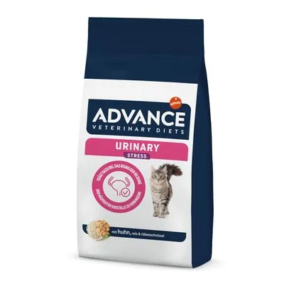 ADVANCE Veterinary Diets Urinary Stress kattenvoer, zichtbaar: kat, tekst 'mit huhn, reis & ribonukleotid', afbeelding blaas, roze label met Duitse tekst.