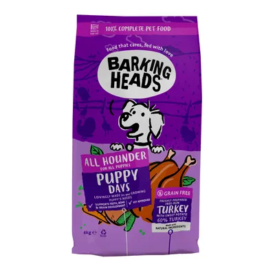 Barking Heads All Hounder Puppy Days, grain free, freshly prepared free-run turkey with sweet potato, 60% turkey, supports teeth, bone and brain development, made in the UK.