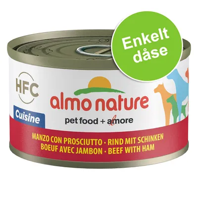almo nature pet food + amore, HFC Cuisine. Manzo con prosciutto, rind mit schinken, boeuf avec jambon, beef with ham. Enkelt dåse.