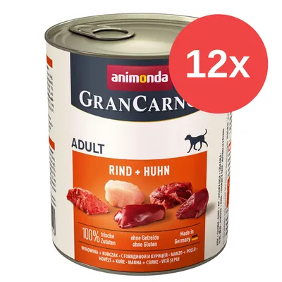 Lata de comida para perros Animonda GranCarno Adult Rind + Huhn, 100 % ingredientes frescos, sin cereales ni gluten, pack de 12 unidades. Fabricado en Alemania.
