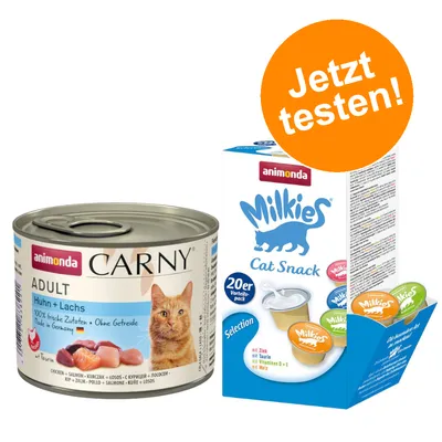 Animonda Carny Adult Huhn + Lachs, 100% frische Zutaten, ohne Getreide, Made in Germany. Animonda Milkies Cat Snack, 20er Vorteilspack mit Zink, Taurin, Vitaminen D + E und Malz. Jetzt testen!