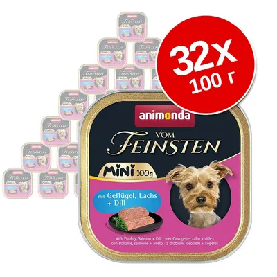 Набор 32×100 г Animonda Vom Feinsten Mini с Geflügel, Lachs + Dill. На упаковке изображён корм и надписи: mit Geflügel, Lachs + Dill, MINI 100g.
