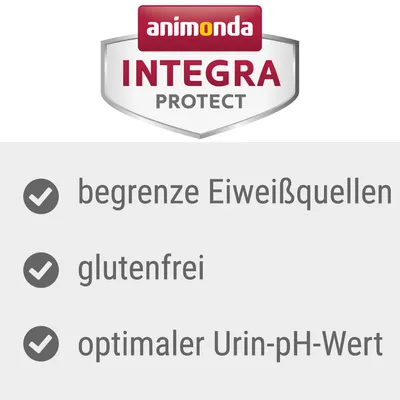 Animonda Integra Protect. Begrenzte Eiweissquellen, glutenfrei, optimaler Urin-pH-Wert.