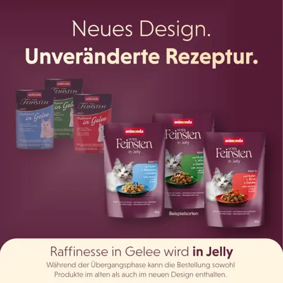 Animonda vom Feinsten in Jelly: Neues Design, unveränderte Rezeptur. Während der Übergangsphase Lieferung im alten und neuen Design möglich. Animonda vom Feinsten in Jelly: Neues Design, unveränderte Rezeptur. Während der Übergangsphase Lieferung im alten und neuen Design möglich.
