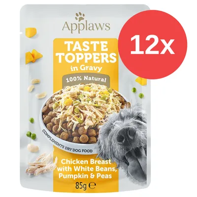 Applaws Taste Toppers in Gravy, 100% Natural, Chicken Breast with White Beans, Pumpkin & Peas, 85 g, pack de 12 sobres. Imagen del envase con comida y perro. Applaws Taste Toppers in Gravy, 100% Natural, Chicken Breast with White Beans, Pumpkin & Peas, 85 g, pack de 12 sobres. Imagen del envase con comida y perro.