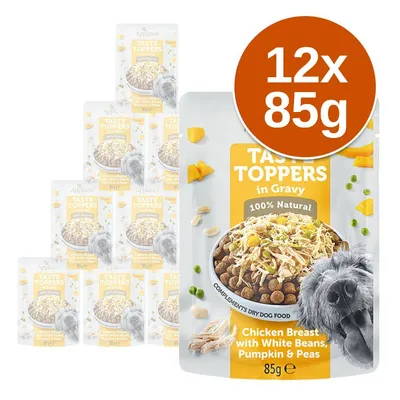Applaws Taste Toppers in Gravy, 12 x 85 g. Chicken Breast with White Beans, Pumpkin & Peas. 100% Natural. Widoczne opakowania z miską karmy i psem. Applaws Taste Toppers in Gravy, 12 x 85 g. Chicken Breast with White Beans, Pumpkin & Peas. 100% Natural. Widoczne opakowania z miską karmy i psem.