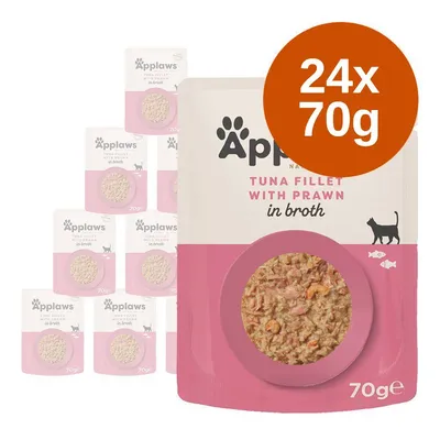Applaws Tuna Fillet with Prawn in broth, balení 24×70g. Na obalu je vidět porce krmiva a silueta kočky. Text: Applaws, Tuna Fillet with Prawn in broth, 70g e. Applaws Tuna Fillet with Prawn in broth, balení 24×70g. Na obalu je vidět porce krmiva a silueta kočky. Text: Applaws, Tuna Fillet with Prawn in broth, 70g e.