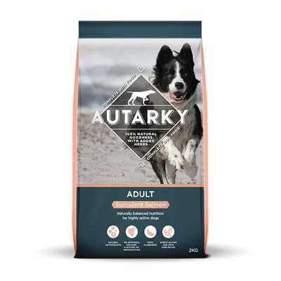 Bag labelled 'Autarky Adult Succulent Salmon', complete dog food with natural goodness, added herbs, hypoallergenic, no artificial colours or preservatives, wheat gluten and soya free, 2kg.
