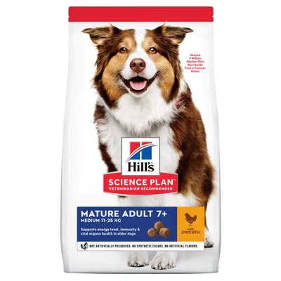 Hill's Science Plan Mature Adult 7+ Medium 11–25 kg con pollo. Recomendado por veterinarios. Indicado para perros mayores. Sin conservantes ni colorantes artificiales.