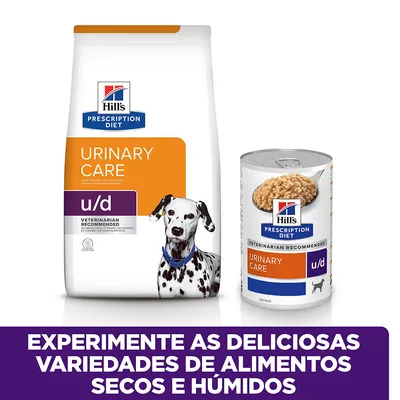 Hill's Prescription Diet Urinary Care u/d para cães, embalagem de ração seca e lata de alimento húmido. Texto: Experimente as deliciosas variedades de alimentos secos e húmidos.