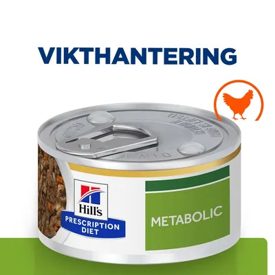 Hill's Prescription Diet Metabolic burk med texten 'Vikthantering' och en orange siluett av en höna. Synlig etikett med produktnamn.