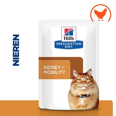 Hill's Prescription Diet kattenvoer, KIDNEY + MOBILITY, afbeelding van kat, tekst: NIEREN, oranje kip-icoon zichtbaar op verpakking.
