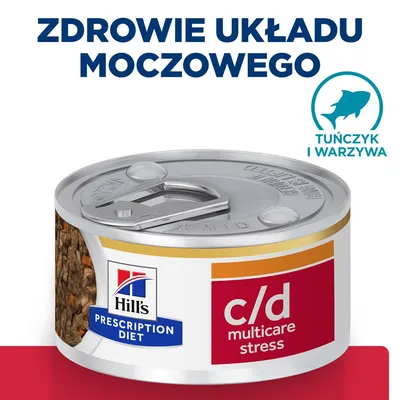Hill's Prescription Diet c/d multicare stress, tuńczyk i warzywa. Zdrowie układu moczowego. Widoczna puszka karmy mokrej.