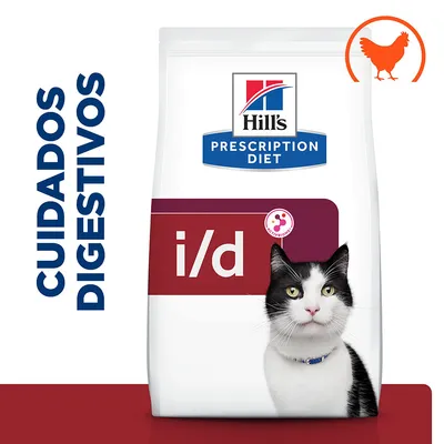 Hill's Prescription Diet i/d, cuidados digestivos, embalagem de alimento para gatos. Ícone de frango visível no canto superior direito.