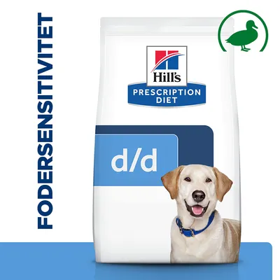Hill's Prescription Diet d/d hundefoder, tekst: FODERSENSITIVITET, billede af hund og grøn andesymbol øverst til højre på posen. Hill's Prescription Diet d/d hundefoder, tekst: FODERSENSITIVITET, billede af hund og grøn andesymbol øverst til højre på posen.
