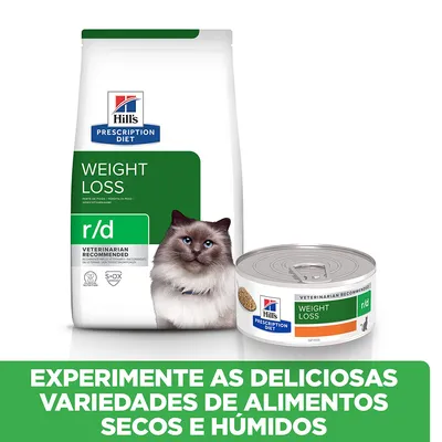 Hill's Prescription Diet Weight Loss r/d para gatos, embalagem de alimento seco e lata de alimento húmido. Texto: Experimente as deliciosas variedades de alimentos secos e húmidos.
