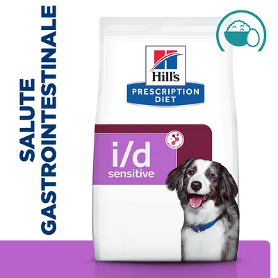 Hill's Prescription Diet i/d sensitive, confezione con cane, testo: SALUTE GASTROINTESTINALE. Simbolo ciotola e uovo in alto a destra.