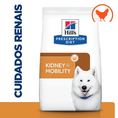 Hill's Prescription Diet Kidney + Mobility, embalagem com cão branco, texto visível: CUIDADOS RENAIS, símbolo de frango laranja no canto superior direito. Hill's Prescription Diet Kidney + Mobility, embalagem com cão branco, texto visível: CUIDADOS RENAIS, símbolo de frango laranja no canto superior direito.