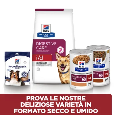 Hill's Prescription Diet Digestive Care i/d per cani, confezioni di crocchette, bocconcini Hypoallergenic e lattine. Testo: Prova le nostre deliziose varietà in formato secco e umido.