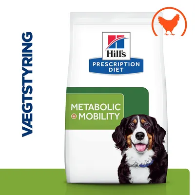 Hill's Prescription Diet Metabolic + Mobility hundefoder med billede af hund, teksten VÆGTSTYRING og et orange kyllingesymbol øverst til højre på posen.