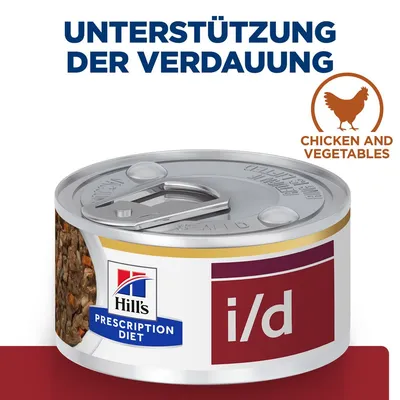 Hill's Prescription Diet i/d Dose, Unterstützung der Verdauung, Geschmacksrichtung Huhn und Gemüse.