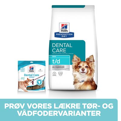 Hill's Prescription Diet Dental Care t/d Mini tørfoder og Dental Care Chews. Tekst: Prøv vores lækre tør- og vådfodervarianter.