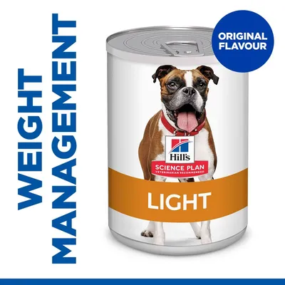 Weight management, original flavour, light formula. Tin shows a dog and Hill's Science Plan branding.