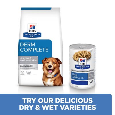 Hill's Prescription Diet Derm Complete dry and wet food for skin care and food sensitivities. Text: Try our delicious dry and wet varieties.