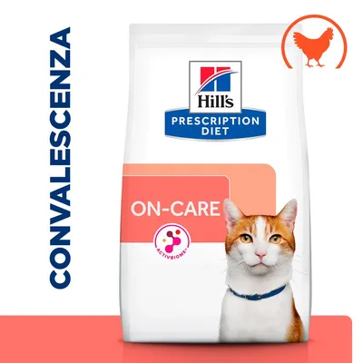 Hill's Prescription Diet ON-CARE per gatti, scritta CONVALESCENZA a sinistra, simbolo pollo in alto a destra, logo ACTIVBIOME+ visibile sulla confezione.