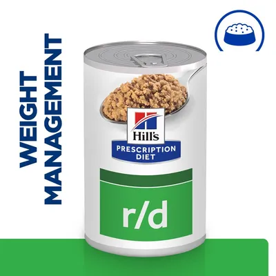 Hill's Prescription Diet r/d консерва с надпис WEIGHT MANAGEMENT, изображение на храна в лъжица и икона на купичка. Видим текст на английски. Hill's Prescription Diet r/d консерва с надпис WEIGHT MANAGEMENT, изображение на храна в лъжица и икона на купичка. Видим текст на английски.
