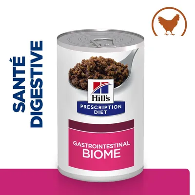 Boîte Hill's Prescription Diet Gastrointestinal Biome, texte visible : SANTÉ DIGESTIVE, image d'une cuillère de pâtée et pictogramme poulet en haut à droite.