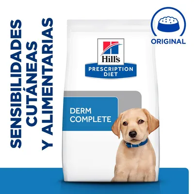 Hill's Prescription Diet Derm Complete. Sensibilidades cutáneas y alimentarias. Saco de pienso con perro. Sello azul: Original.