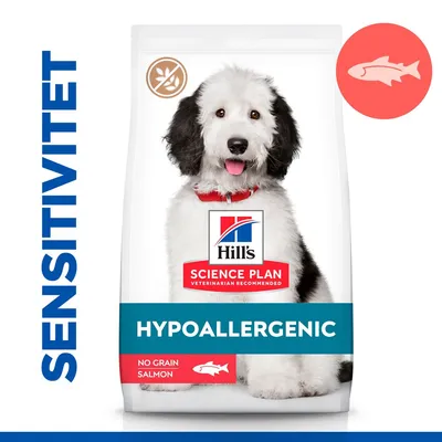 Hill's Science Plan HYPOALLERGENIC hundefoder, NO GRAIN SALMON, billede af sort-hvid hund, tekst: SENSITIVITET, ikon for kornfri og laks synlig på emballagen.