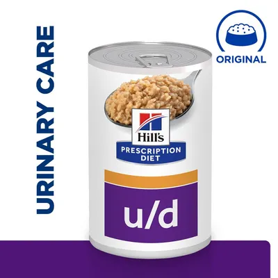 Hill's Prescription Diet u/d konzerv, URINARY CARE felirattal, ORIGINAL jellel, a dobozon táp képe látható.
