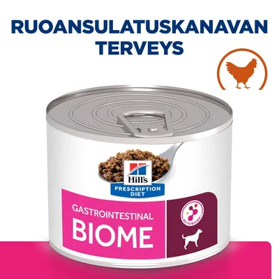 Hill's Prescription Diet Gastrointestinal Biome -koiran märkäruokapurkki, teksti: ruoansulatuskanavan terveys, kanaikoni, ActivBiome+ merkki
